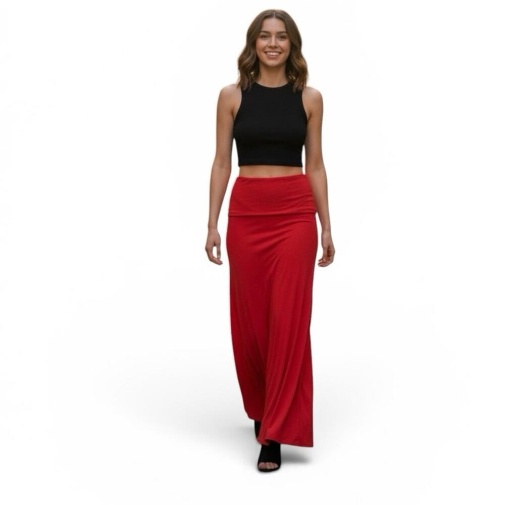 Hourglass Lilly Women’s Maxi Skirt MEDIUM Orange Red Roll Top